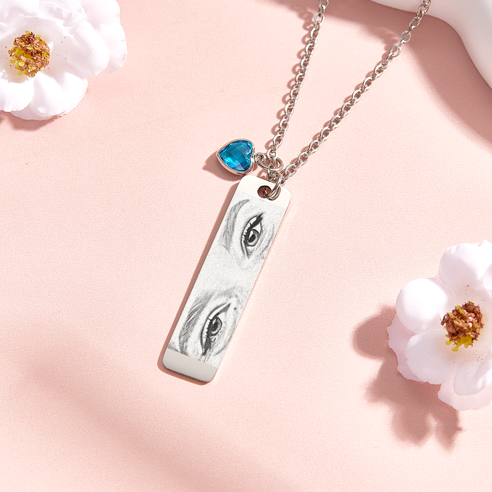 Custom Photo with Birthstone Eye Engraved Necklace