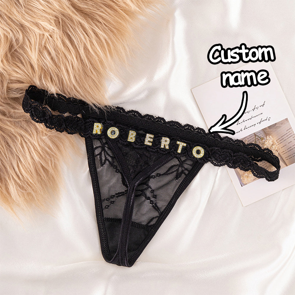 Custom Lace Thong with Crystal Letter Name - Personalised Sexy Lingerie Gift