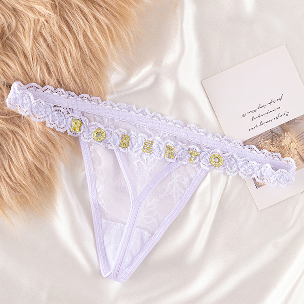 Custom Lace Thong with Crystal Letter Name - Personalised Sexy Lingerie Gift