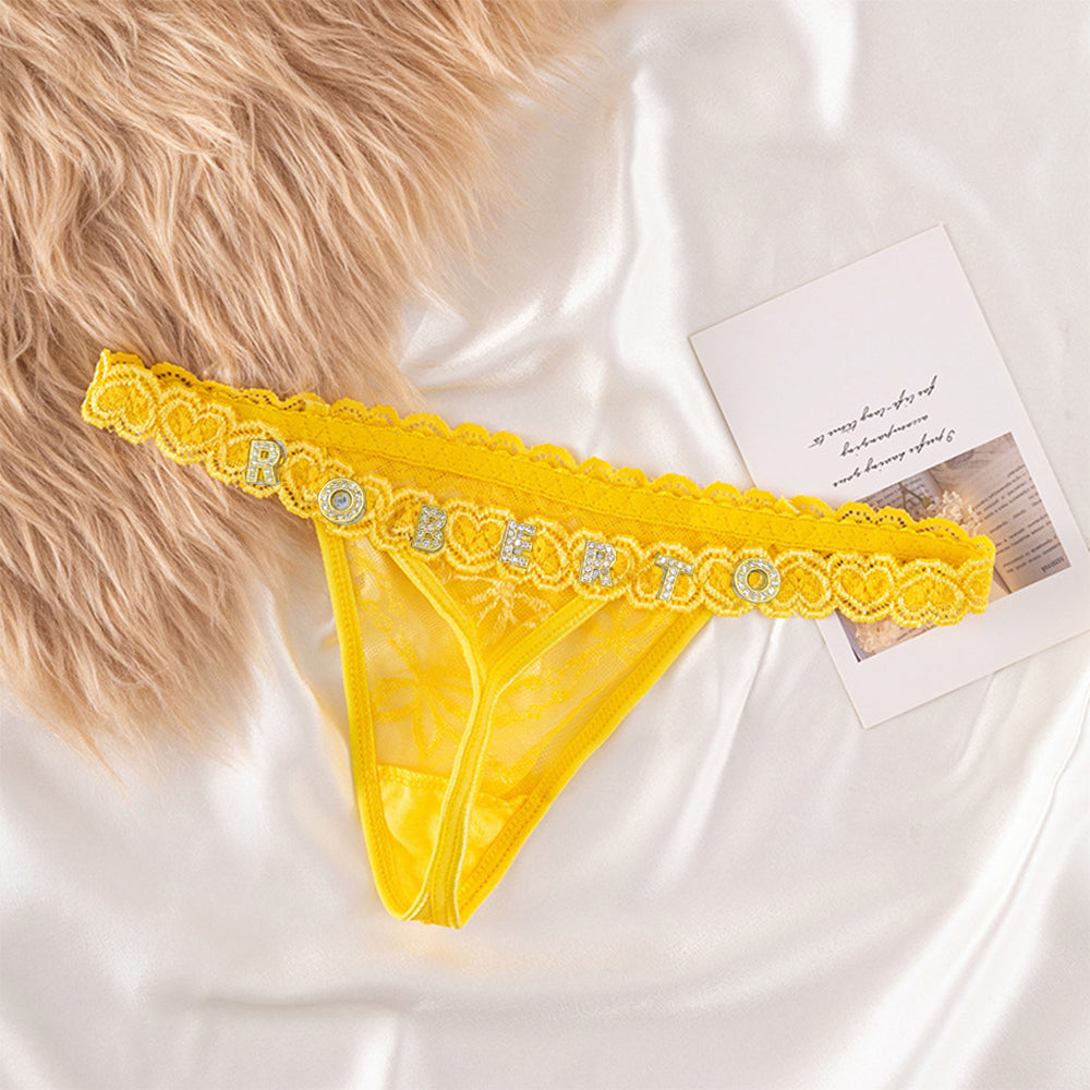 Custom Lace Thong with Crystal Letter Name - Personalised Sexy Lingerie Gift