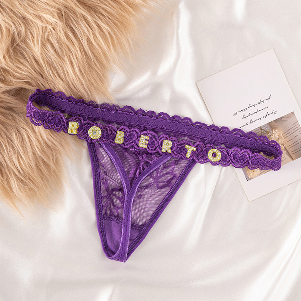 Custom Lace Thong with Crystal Letter Name - Personalised Sexy Lingerie Gift