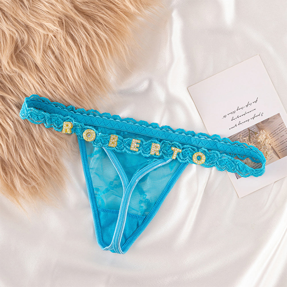 Custom Lace Thong with Crystal Letter Name - Personalised Sexy Lingerie Gift