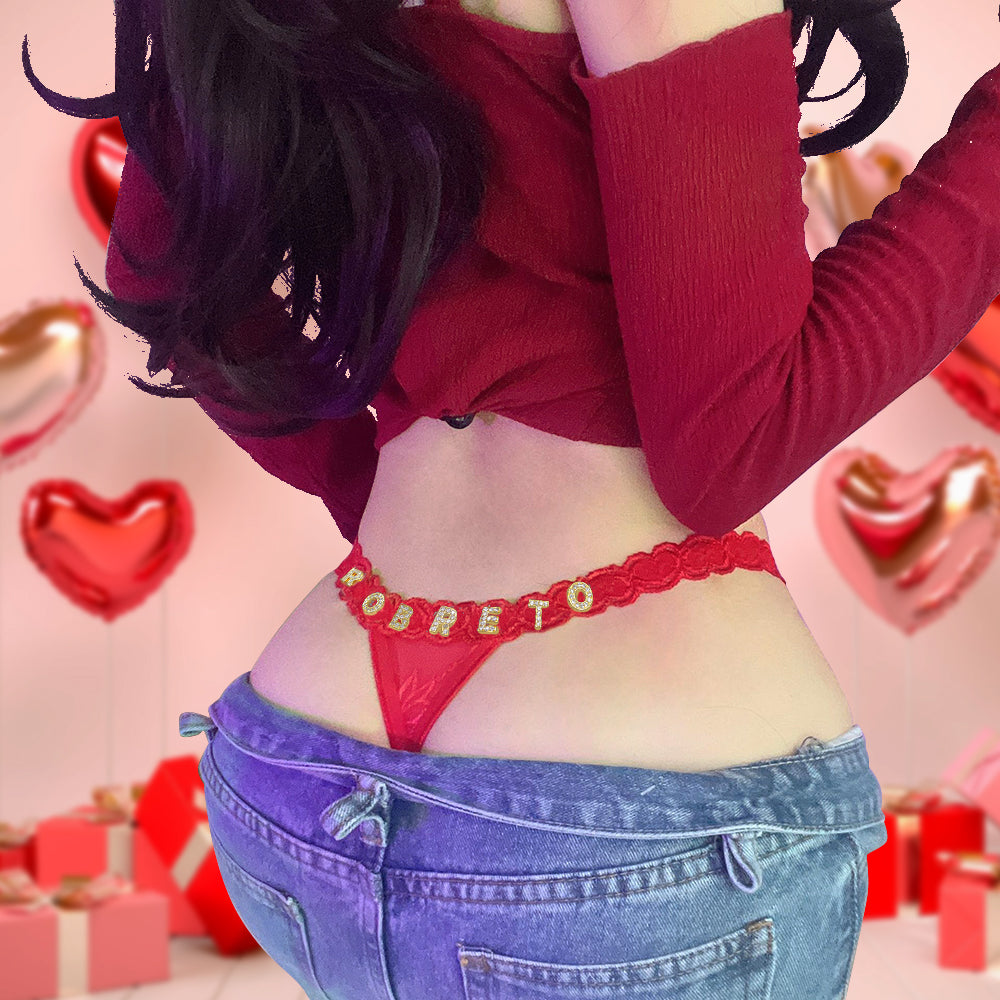 Custom Lace Thong with Crystal Letter Name - Personalised Sexy Lingerie Gift