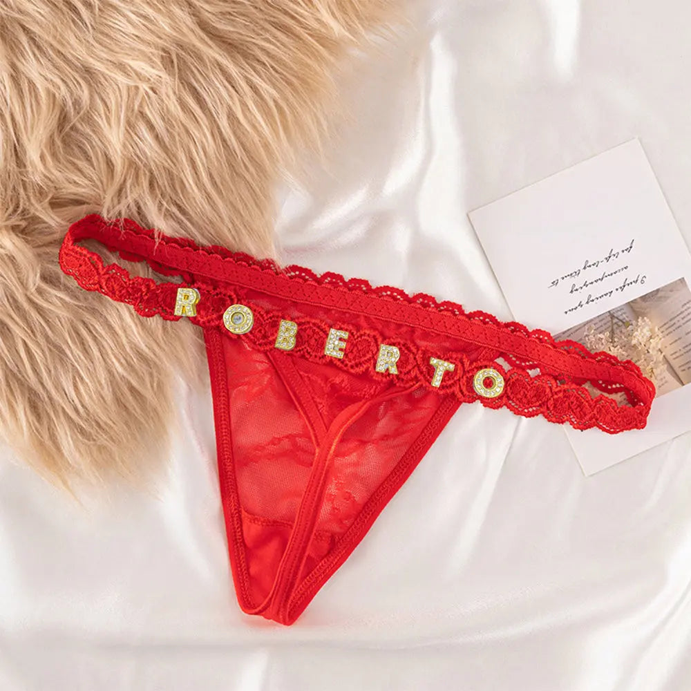 Custom Lace Thong with Crystal Letter Name - Personalised Sexy Lingerie Gift