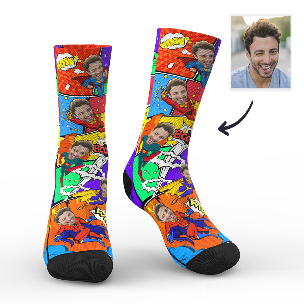 Custom Comic Face Socks – Turn Your Photo Into a Superhero Gift