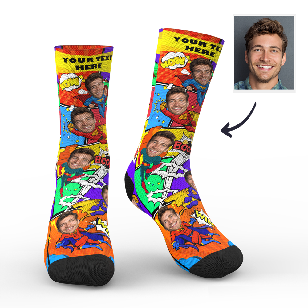 Custom Comic Face Socks – Turn Your Photo Into a Superhero Gift