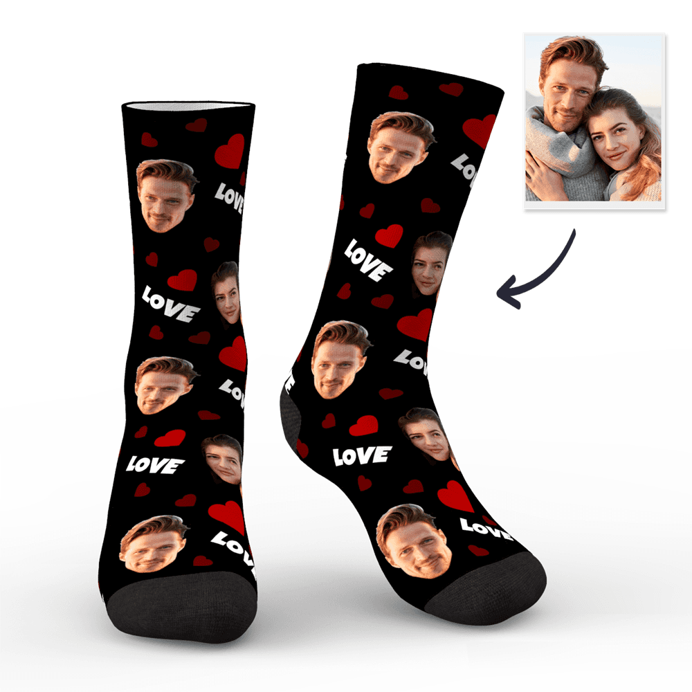 Custom Couple Face Socks with Hearts | Personalised Photo LOVE Socks | Romantic Funny Gift
