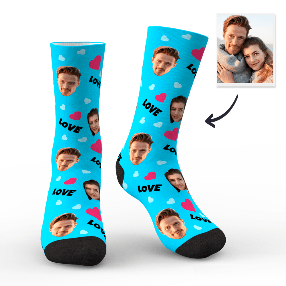 Custom Couple Face Socks with Hearts | Personalised Photo LOVE Socks | Romantic Funny Gift