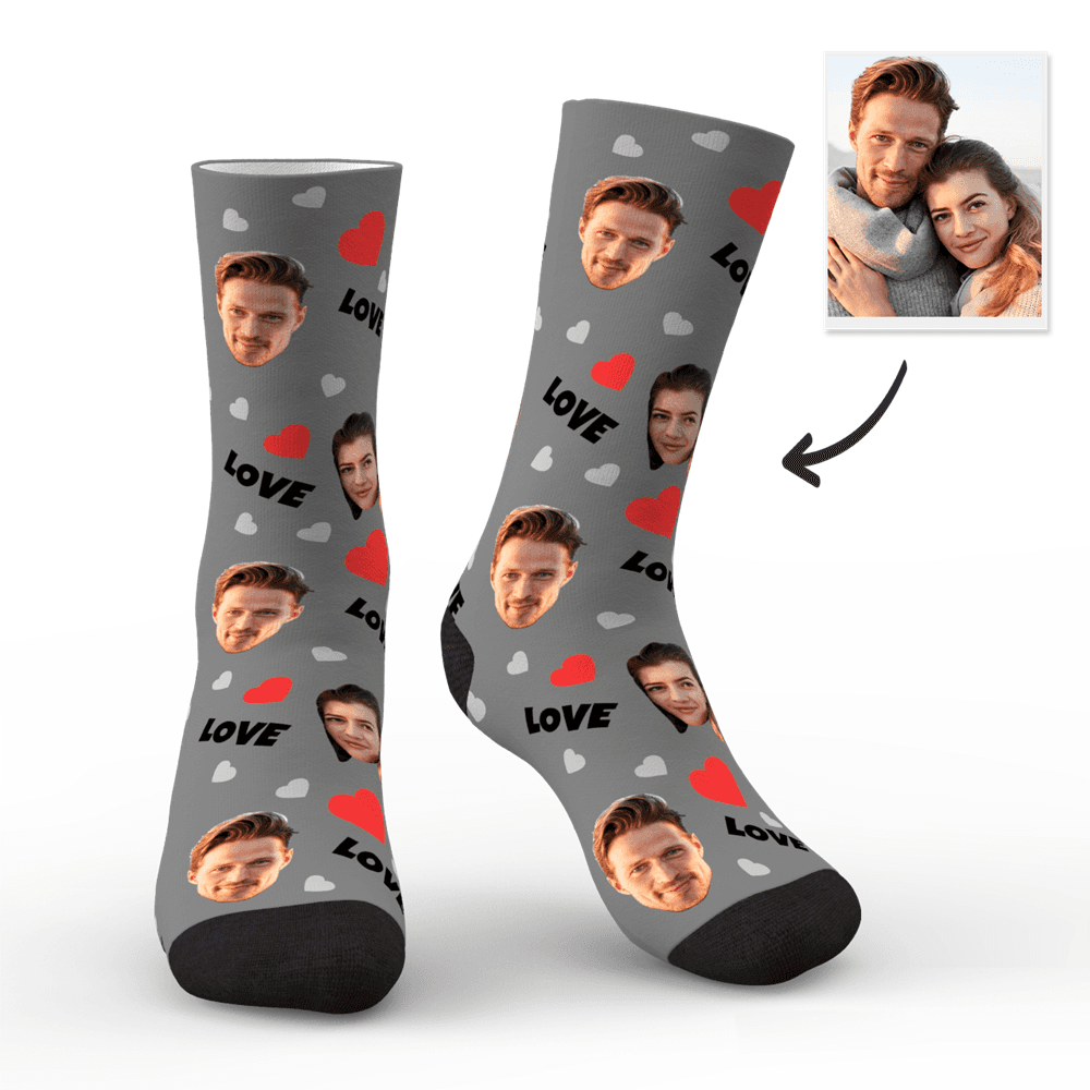 Custom Couple Face Socks with Hearts | Personalised Photo LOVE Socks | Romantic Funny Gift