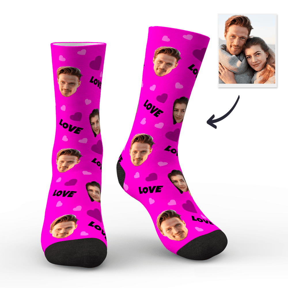 Custom Couple Face Socks with Hearts | Personalised Photo LOVE Socks | Romantic Funny Gift