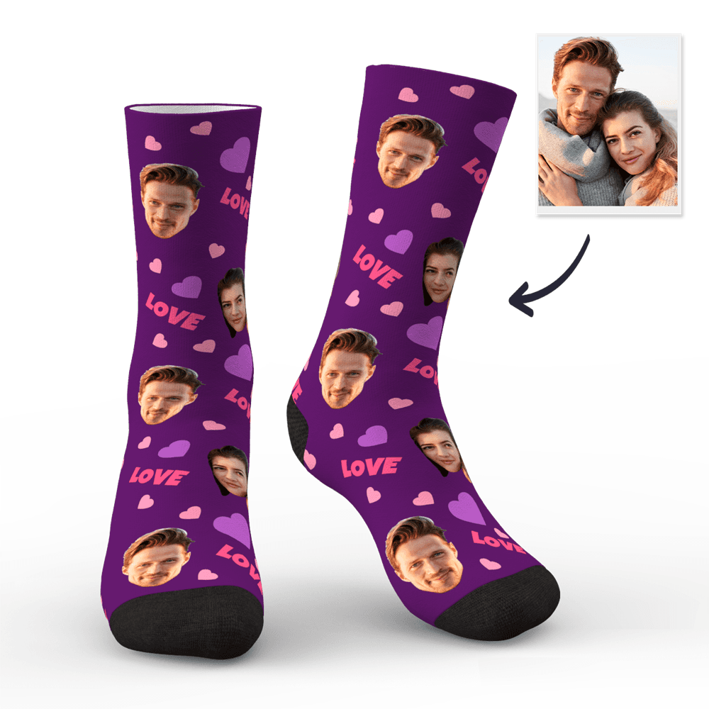 Custom Couple Face Socks with Hearts | Personalised Photo LOVE Socks | Romantic Funny Gift
