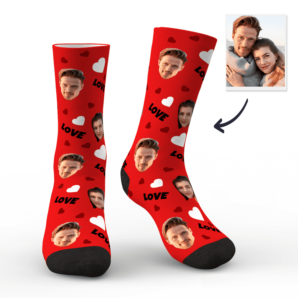 Custom Couple Face Socks with Hearts | Personalised Photo LOVE Socks | Romantic Funny Gift
