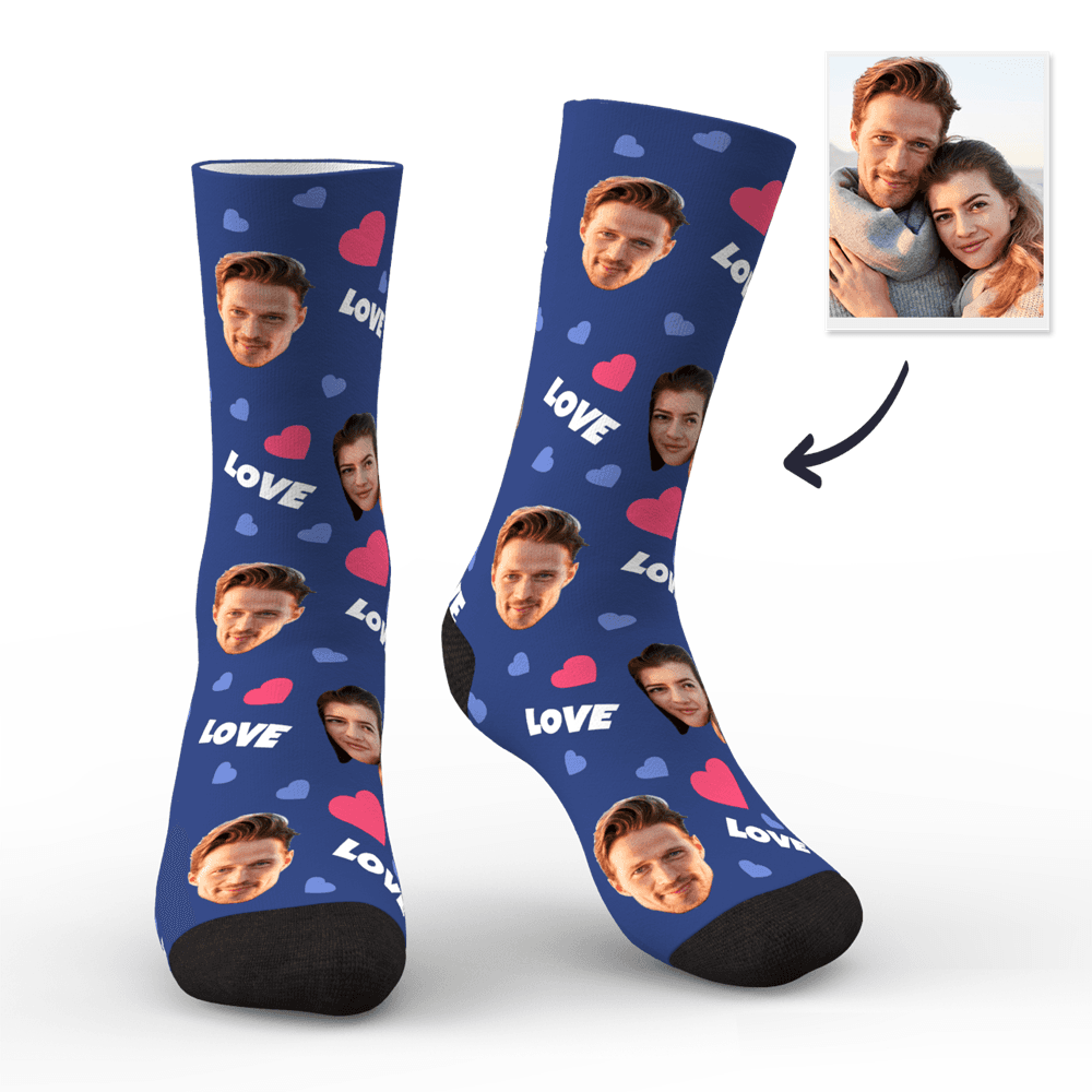 Custom Couple Face Socks with Hearts | Personalised Photo LOVE Socks | Romantic Funny Gift