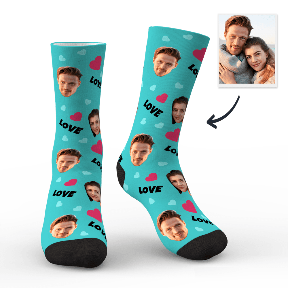 Custom Couple Face Socks with Hearts | Personalised Photo LOVE Socks | Romantic Funny Gift