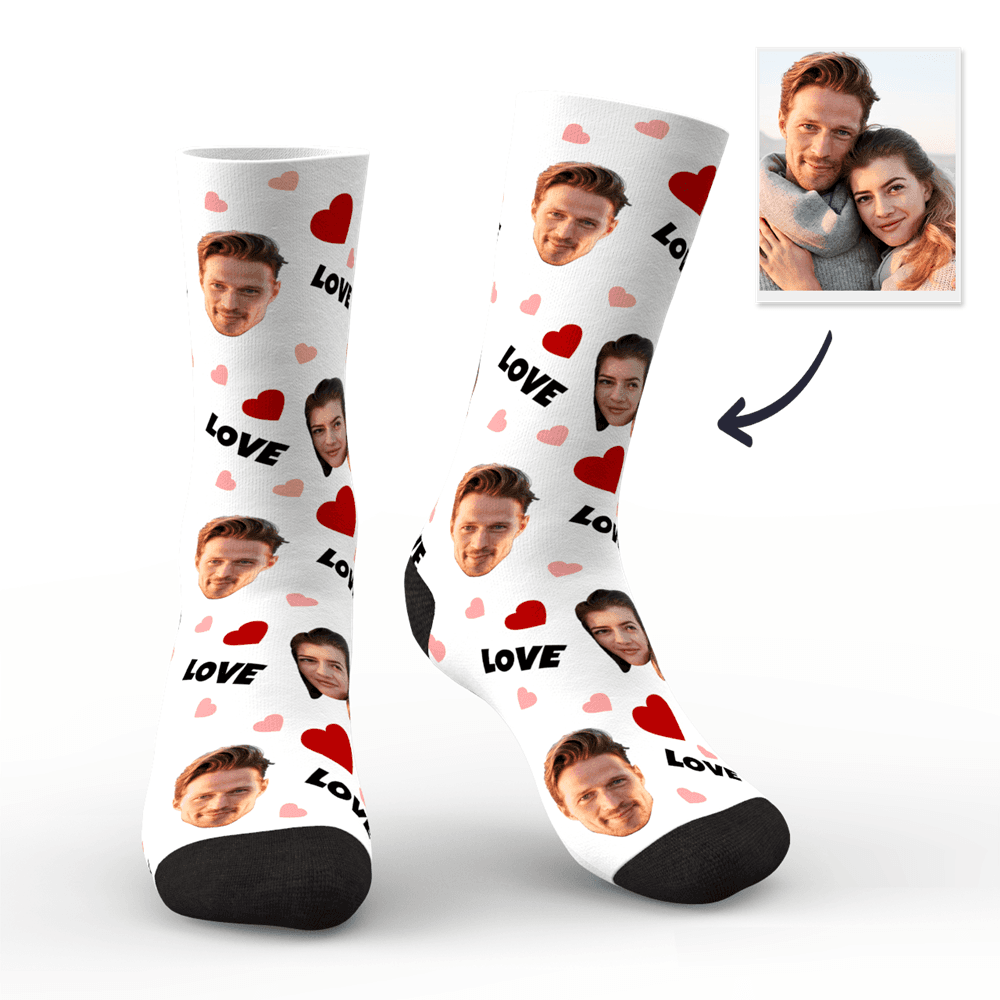 Custom Couple Face Socks with Hearts | Personalised Photo LOVE Socks | Romantic Funny Gift