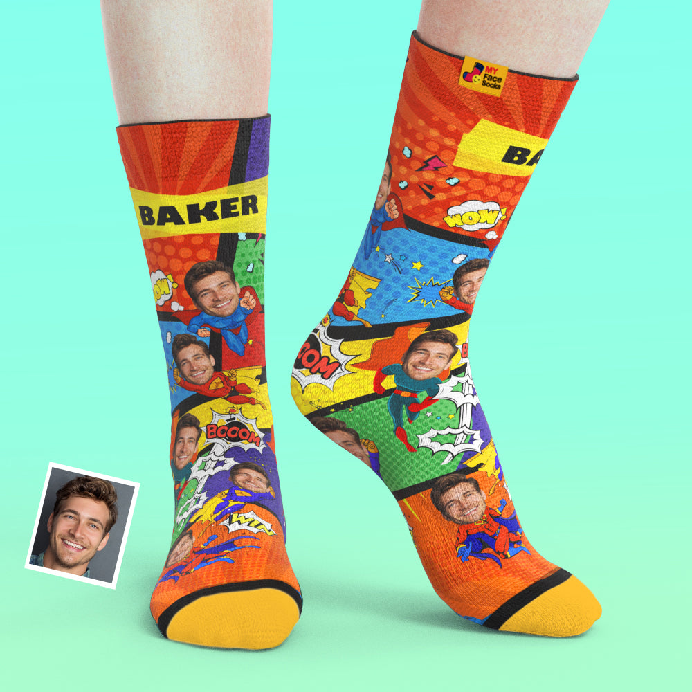 Custom Comic Face Socks – Turn Your Photo Into a Superhero Gift