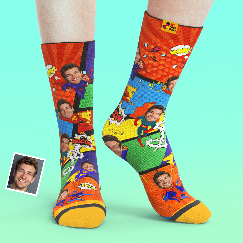 Custom Comic Face Socks – Turn Your Photo Into a Superhero Gift