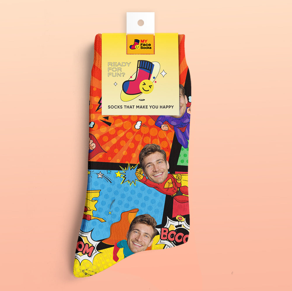Custom Comic Face Socks – Turn Your Photo Into a Superhero Gift