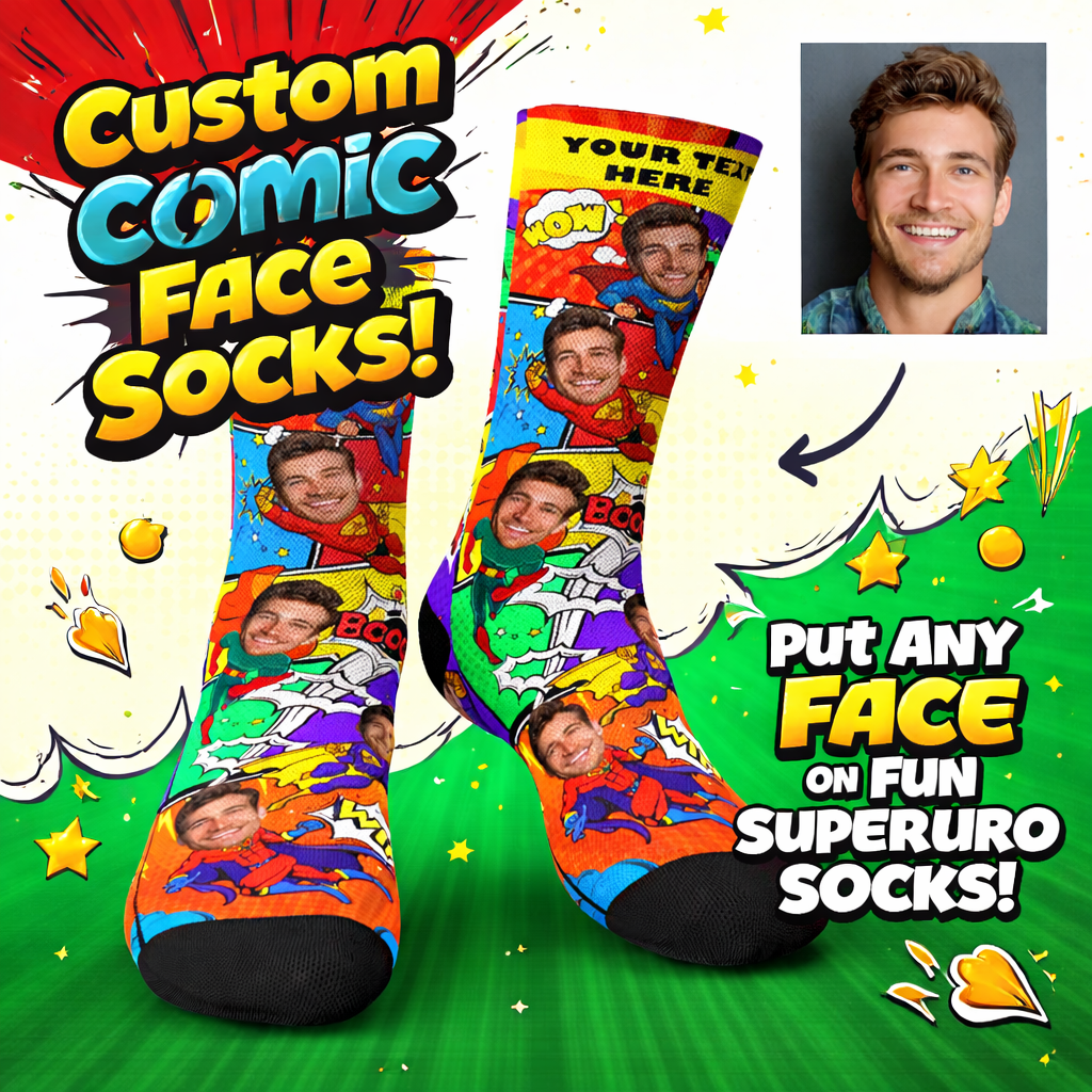 Custom Comic Face Socks – Turn Your Photo Into a Superhero Gift
