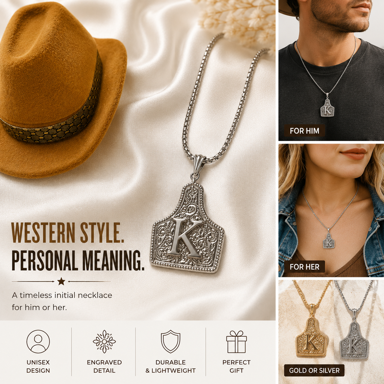 Western Initial Necklace – Unisex Cowboy Pendant
