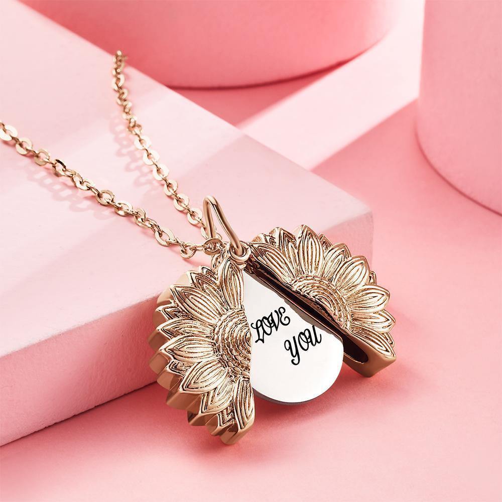 Custom Sunflower Locket Necklace – Personalised Engraved Pendant