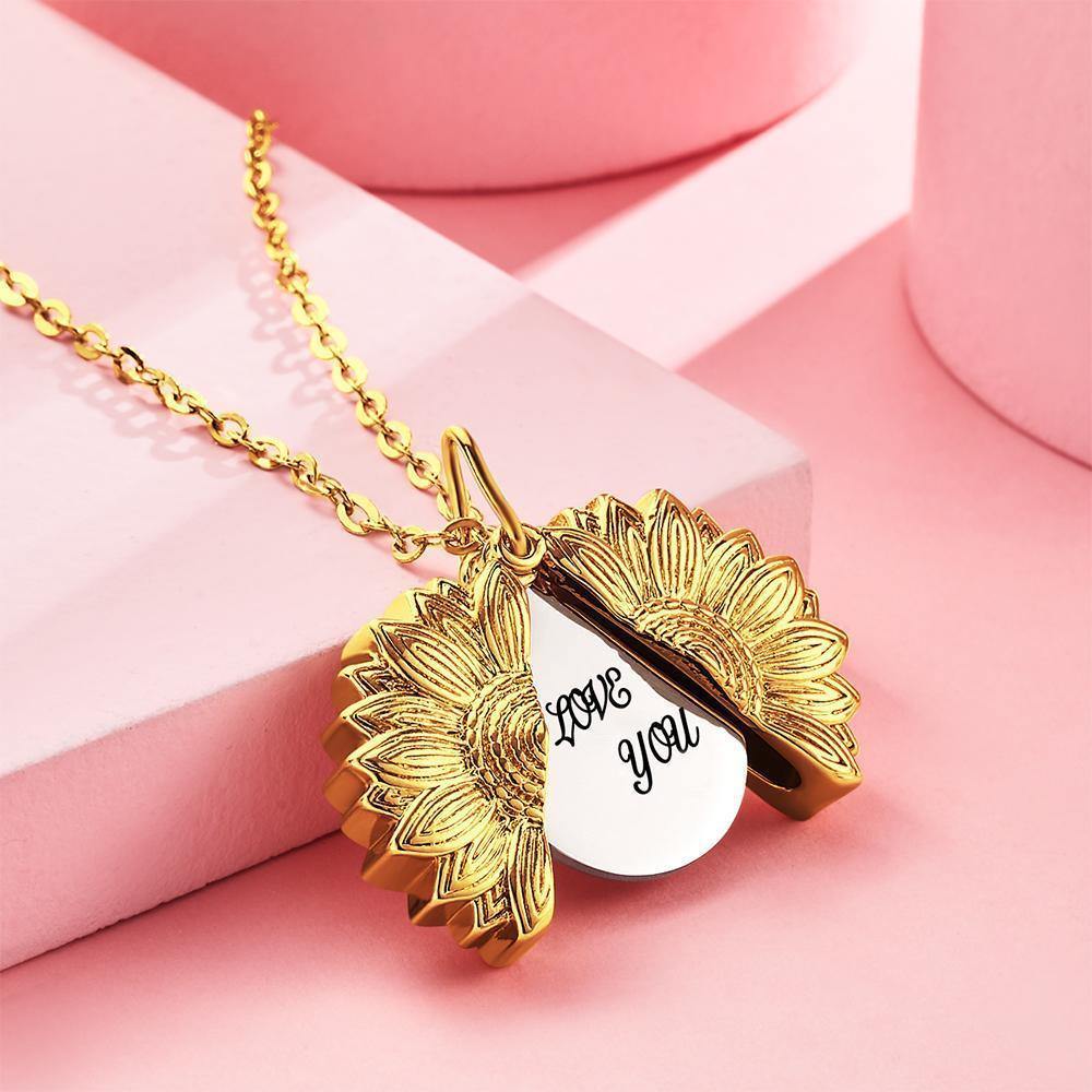 Custom Sunflower Locket Necklace – Personalised Engraved Pendant