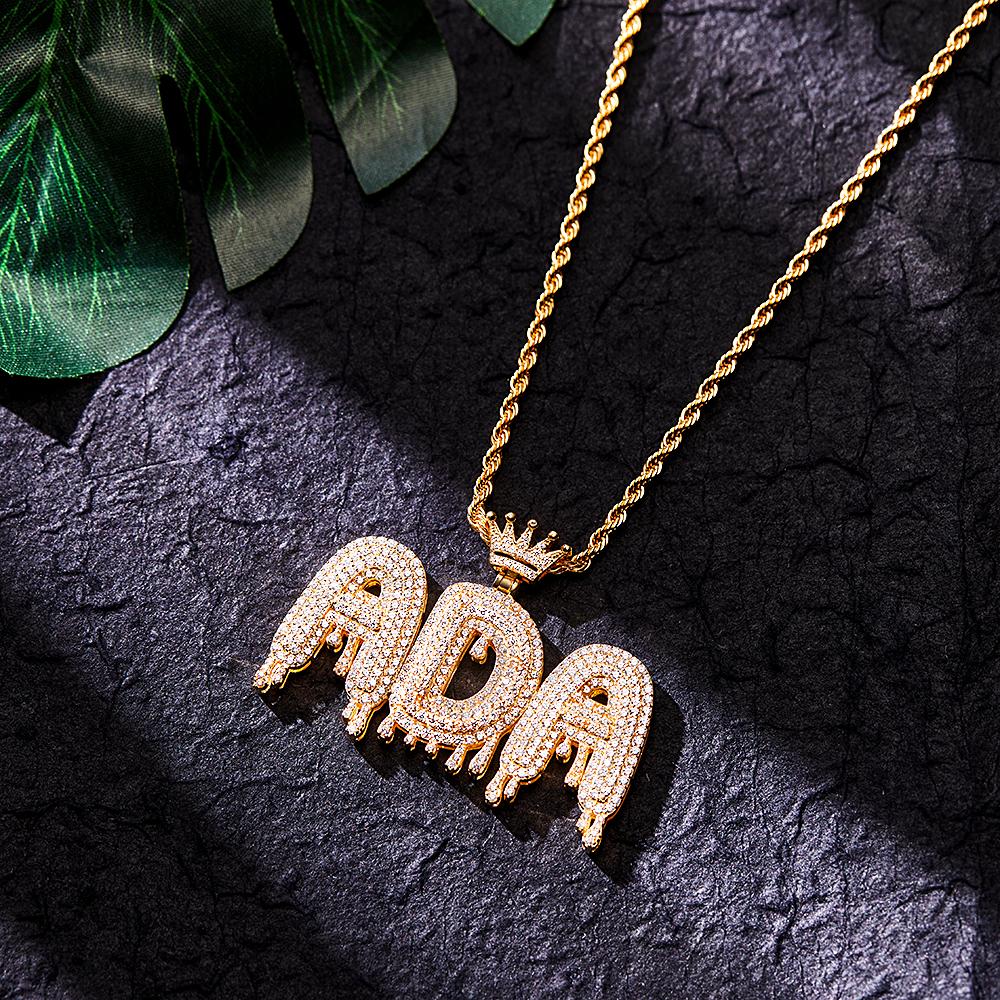 Custom Bling Initial Pendant Necklace – Drip Letter Design with Crown for Men Women