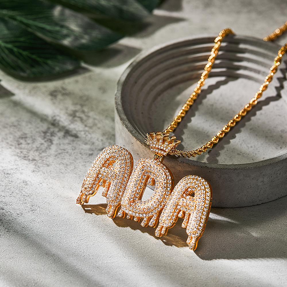 Custom Bling Initial Pendant Necklace – Drip Letter Design with Crown for Men Women