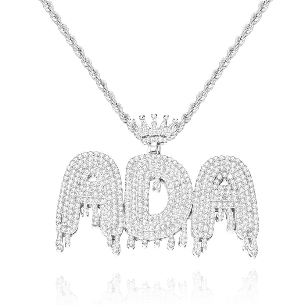 Custom Bling Initial Pendant Necklace – Drip Letter Design with Crown for Men Women