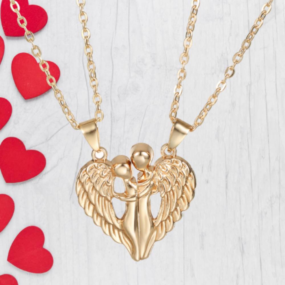 Magnetic Couple Angel Necklace Set – Matching Heart Pendant