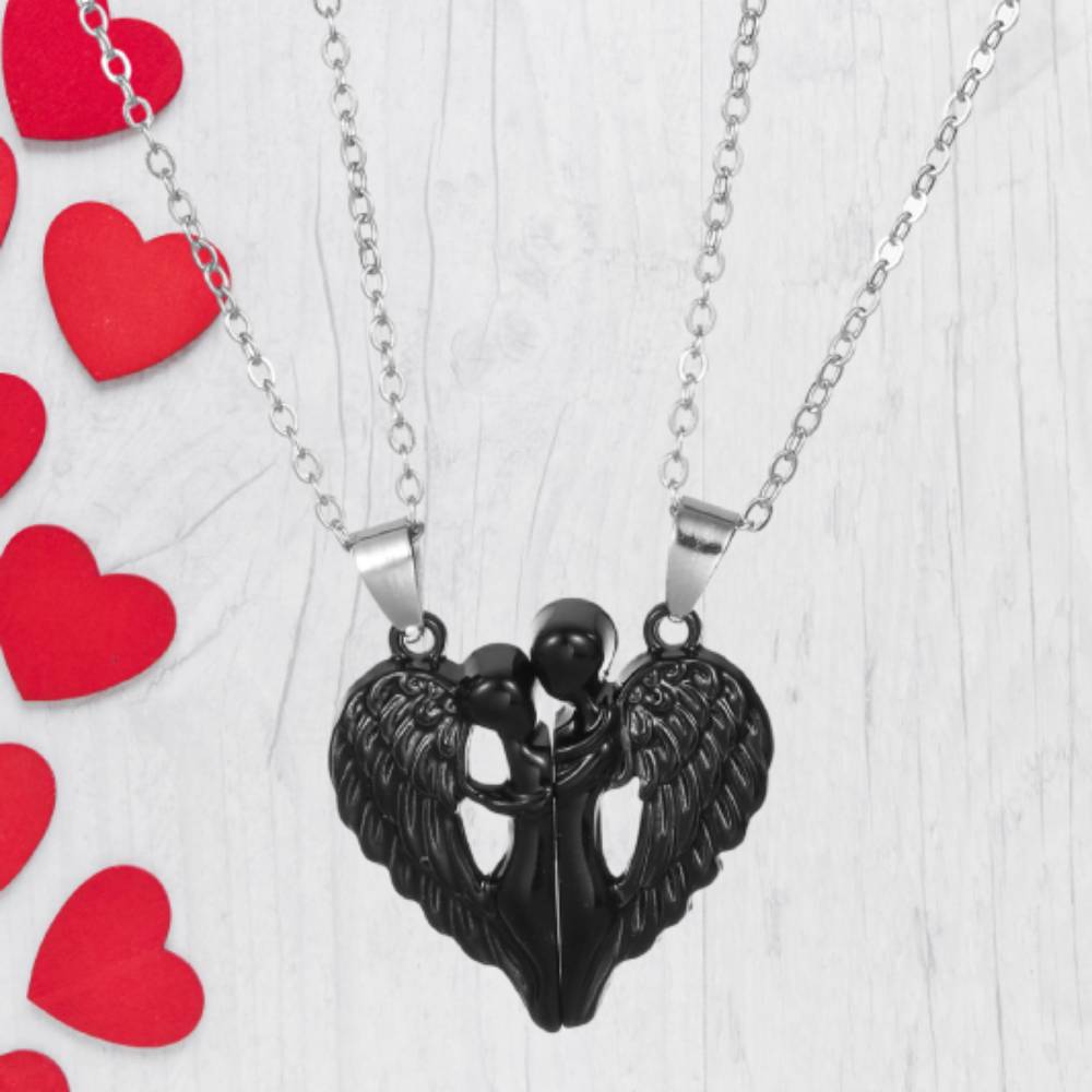 Magnetic Couple Angel Necklace Set – Matching Heart Pendant