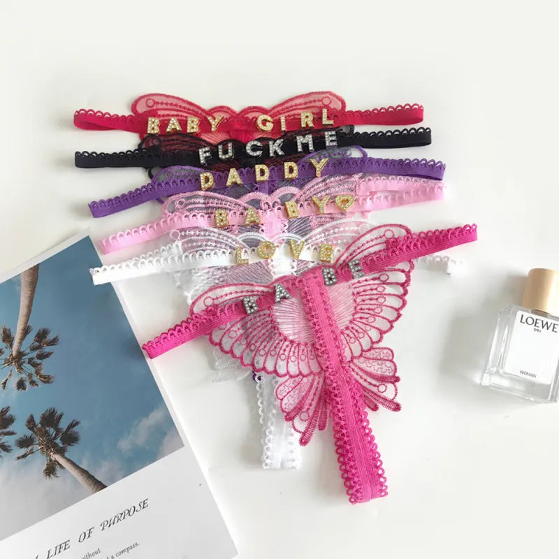 Butterfly Lace Thong with Custom Letter Charms – Playful & Sexy Lingerie Gift for Her