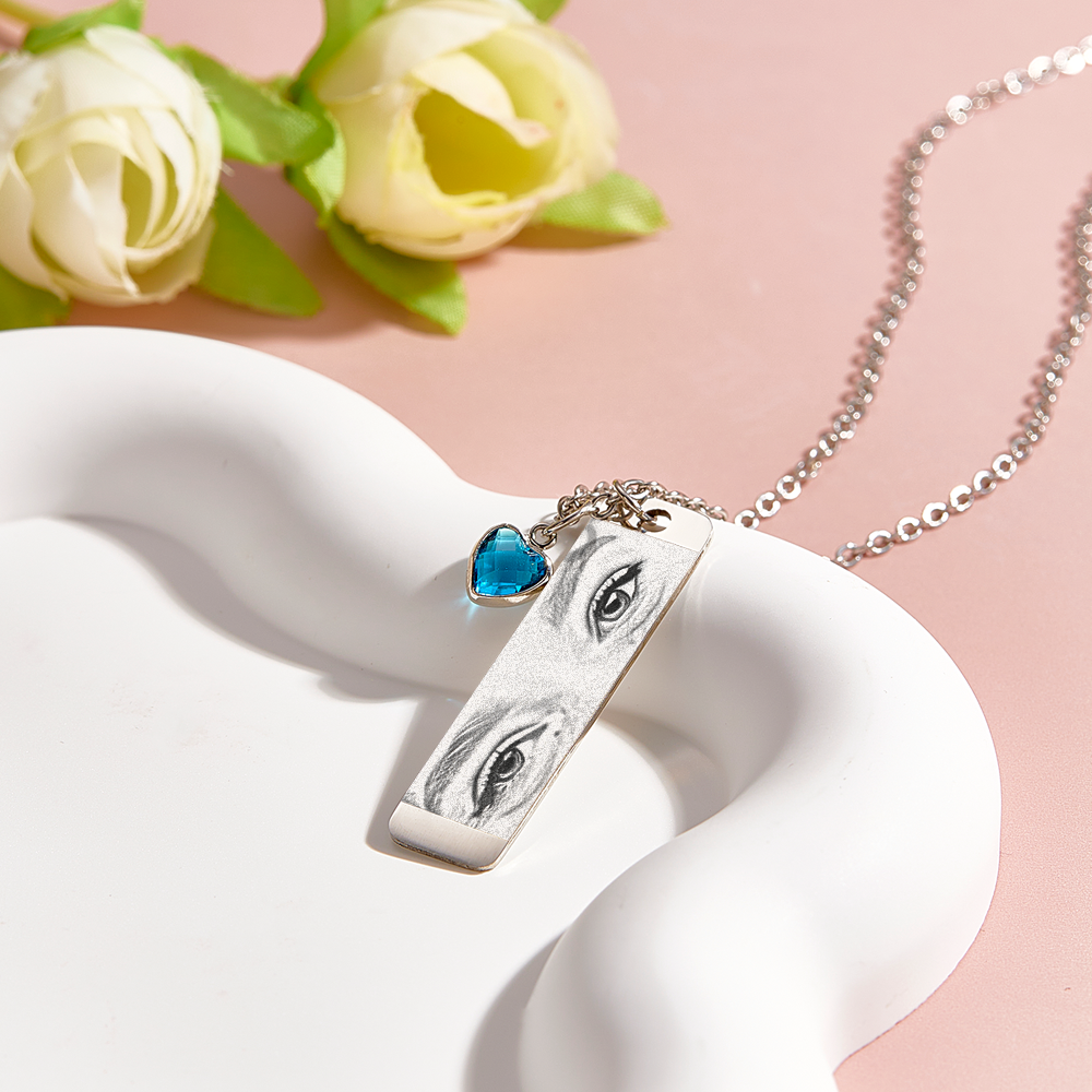 Custom Photo with Birthstone Eye Engraved Necklace