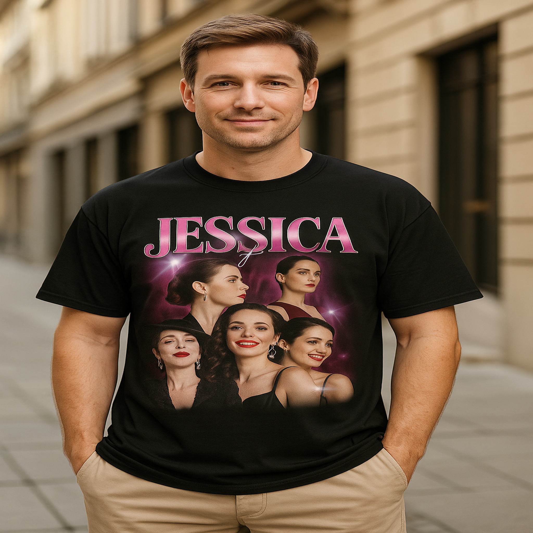 Custom Vintage Photo Collage T-Shirt with Name